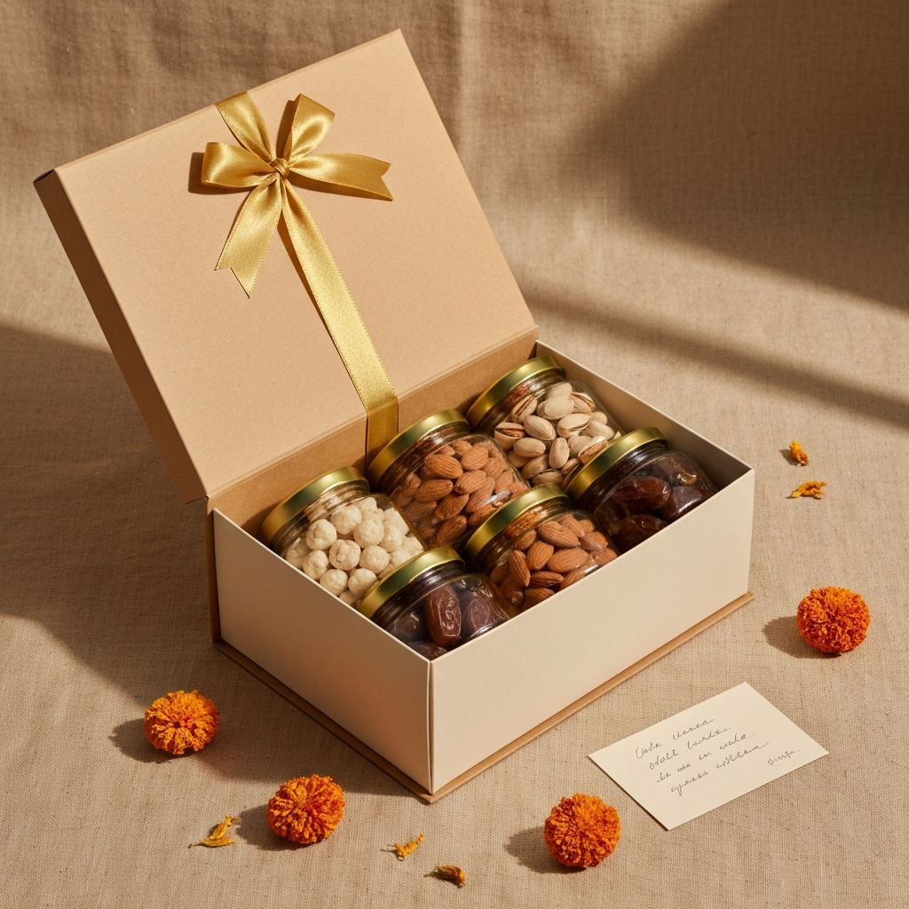 An open gift box with dry fruits, gold ribbon and dried marigolds — a festive Indian hamper.