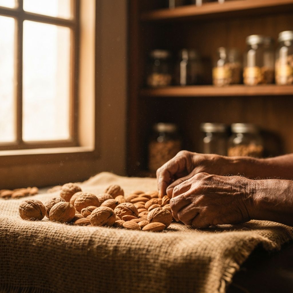 Weathered hands carefully sorting almonds and walnuts on jute cloth in a traditional family-run dry fruit shop.